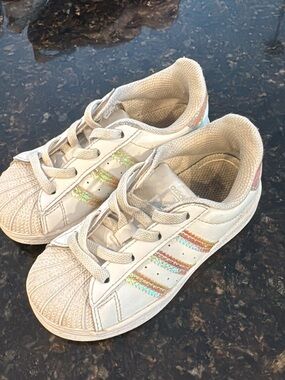 adidas Kids White Sneakers with Iridescent Rainbow Stripes